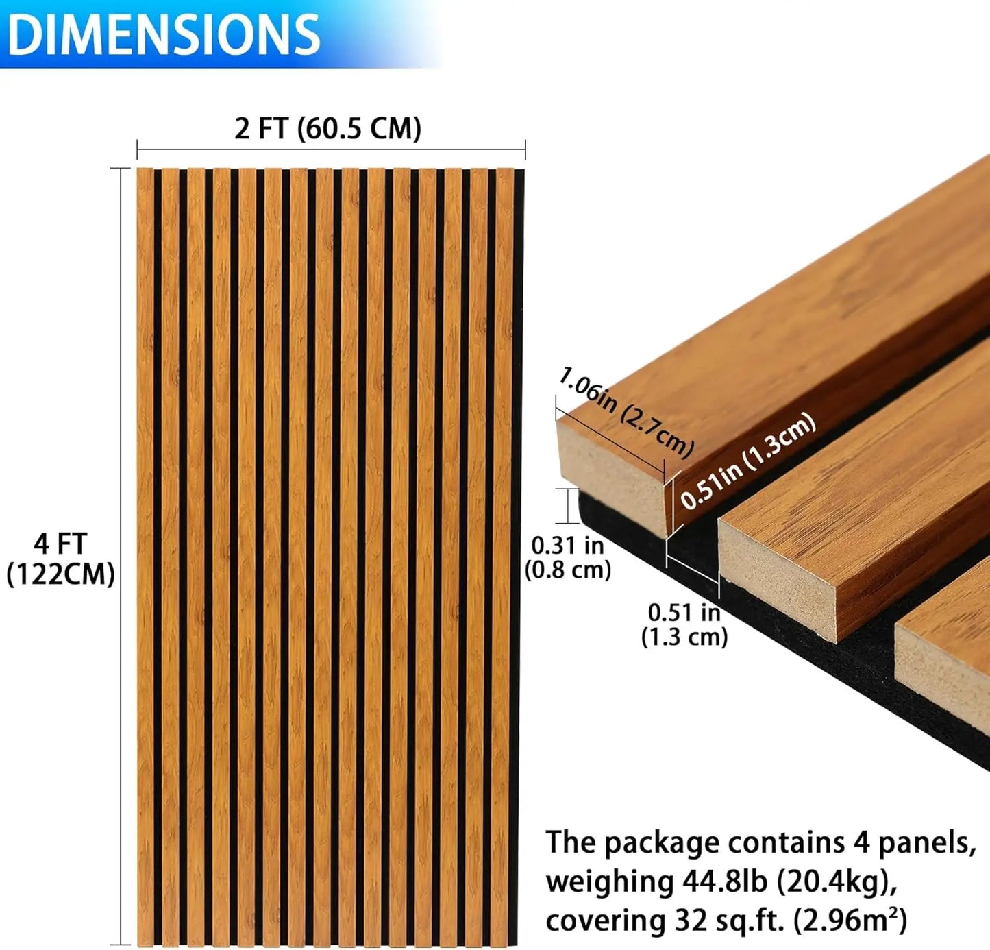 4 Pack Sound Absorbing 3D Slat Acoustic Wall Panels with Wood Finish Accent for Studio, Office, Living Room