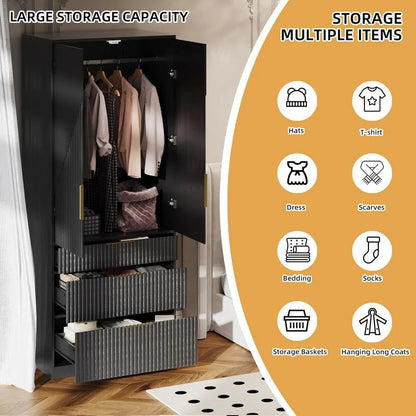 71.7" Wardrobe Armoire Wooden Closet with 2 Doors and 3 Drawers, with Hanging Rod Shelf, Large Capacity Storage