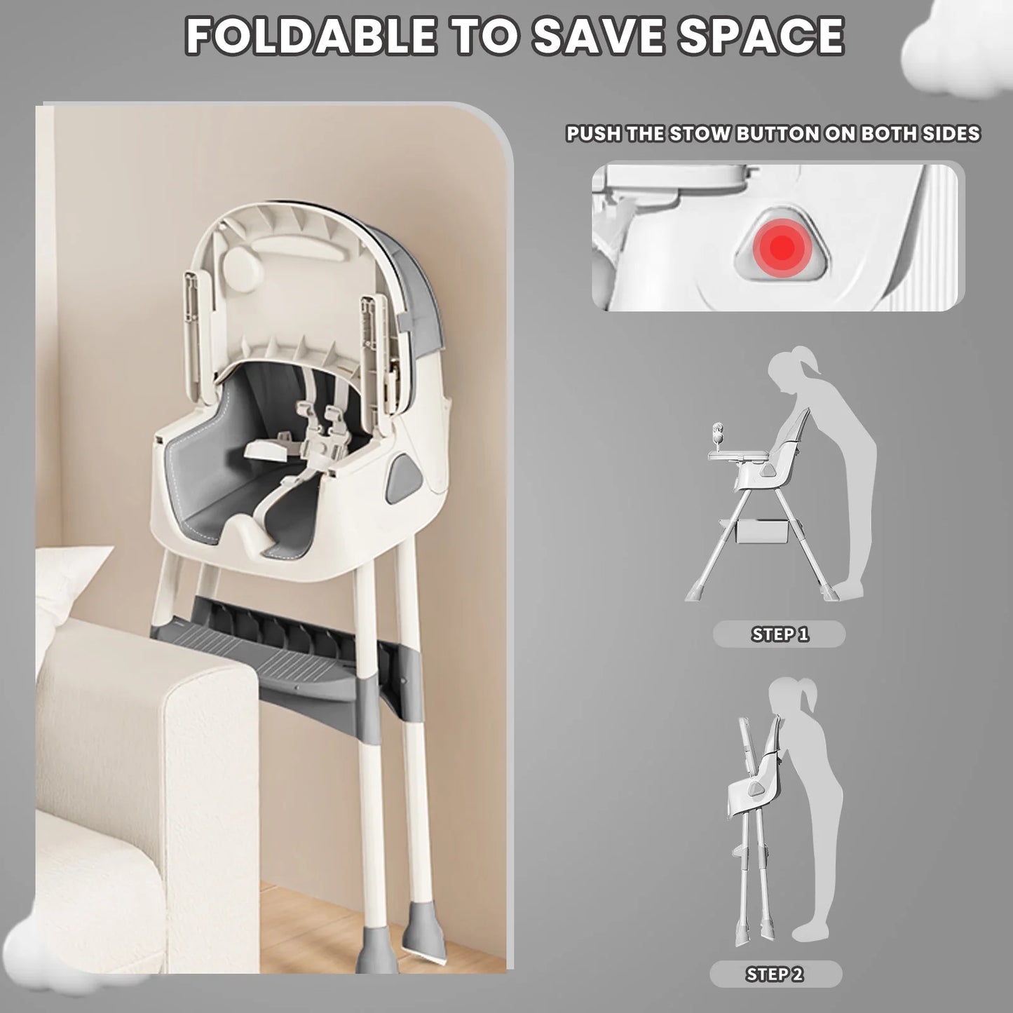 Foldable Baby High Chair, 6 Months Plus, with Large Anti-slip Pad & Toy Rack,, Easy to Clean Feeding