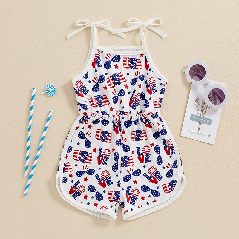 18MO-5T Girls Jumpsuit Tie-up Spaghetti Straps Stars Print Romper 4th of July
