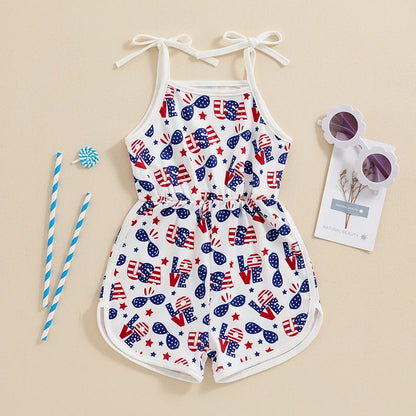 18MO-5T Girls Jumpsuit Tie-up Spaghetti Straps Stars Print Romper 4th of July