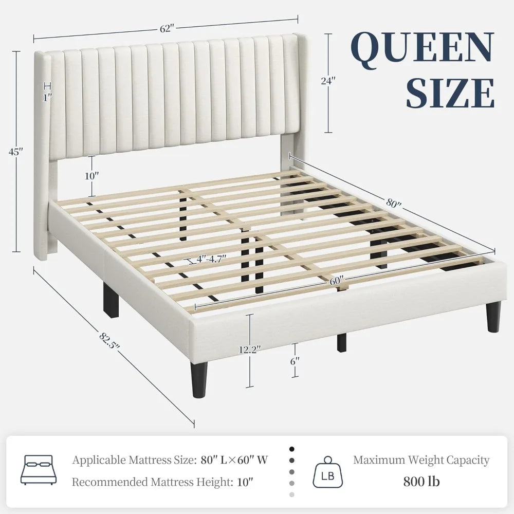 Upholstered Platform Bed - Fabric Headboard with Wing Edge Design | Wooden Slats Support, Non-Slip & Noise-Free