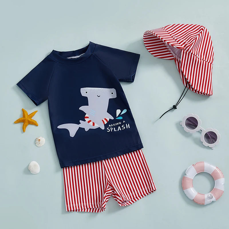 3Pcs, 0MO-4Y Boy Swimsuit Set, Shark Print Short Sleeve, Rash Guard Swim Top, Short, Sun Hat,