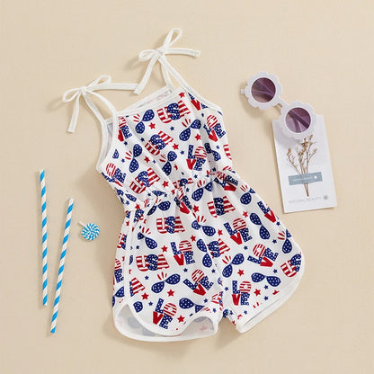 18MO-5T Girls Jumpsuit Tie-up Spaghetti Straps Stars Print Romper 4th of July