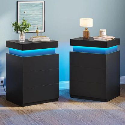 LED, Set of 2,Nightstand with Charging Station and Sliding Top