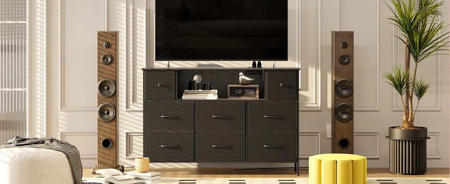 Black 55" TV Stand with 8 Drawers, Fabric Chest of Drawers, Power Outlets and LED Lights
