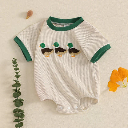 3-18 MO Baby Unisex Romper, Short Sleeve, Crew Neck, Duck Embroidery