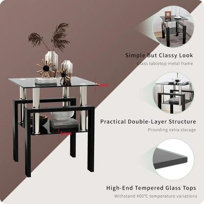 3 Piece Black Glass Table Set, Including 1 Coffee Table and 2 End Side Tables