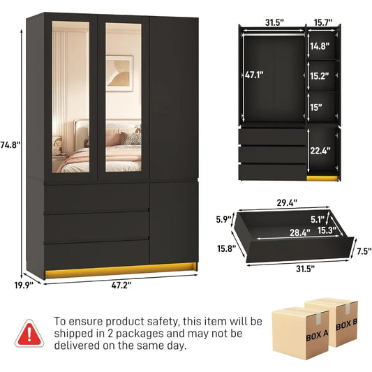 3 Door Armoire Wardrobe with 3 Drawers & Mirror, Hanging Rod, LED Lights