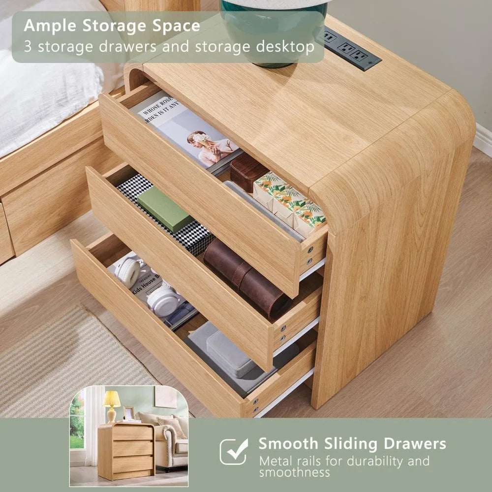 23.6'' Wide Wood Bedside Table w/3 Storage Drawers, with Charging Station