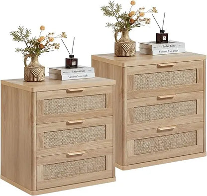 Set of 2, 23" Large 3 Drawer Sidestand, Natural Wood