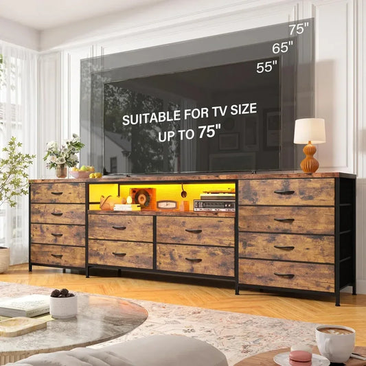 63" W Dresser/TV Stand LED Lights & Power Outlets & 12 Drawers Dresser