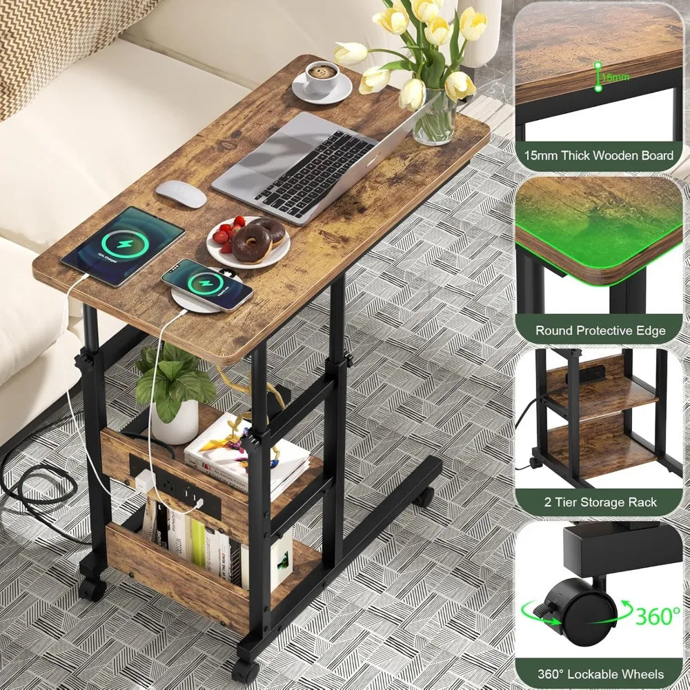 C Shaped Adjustable Height End Table  with Charging Station, TV Tray with Wheels Slide Under Sofa/Bed