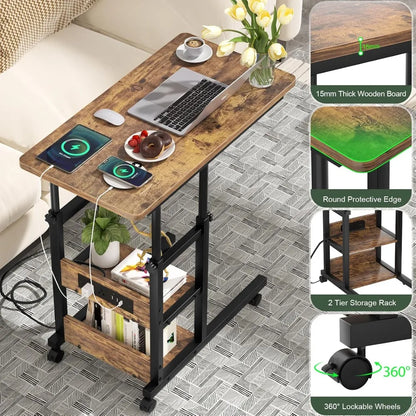 C Shaped Adjustable Height End Table  with Charging Station, TV Tray with Wheels Slide Under Sofa/Bed