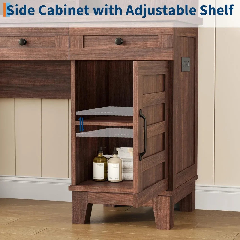 Makeup Table Set with Drawers, Upholstered Stool