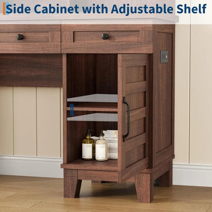 Makeup Table Set with Drawers, Upholstered Stool