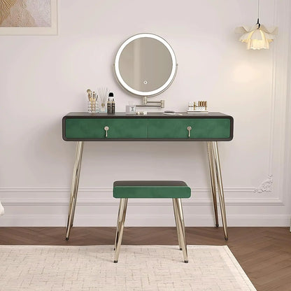 Vanity Desk Set with 360° Rotating Mirror and Lights, with Microfiber Leather, with 2 Drawers,