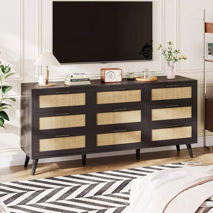 9 Drawer Double Dresser with Golden Handles