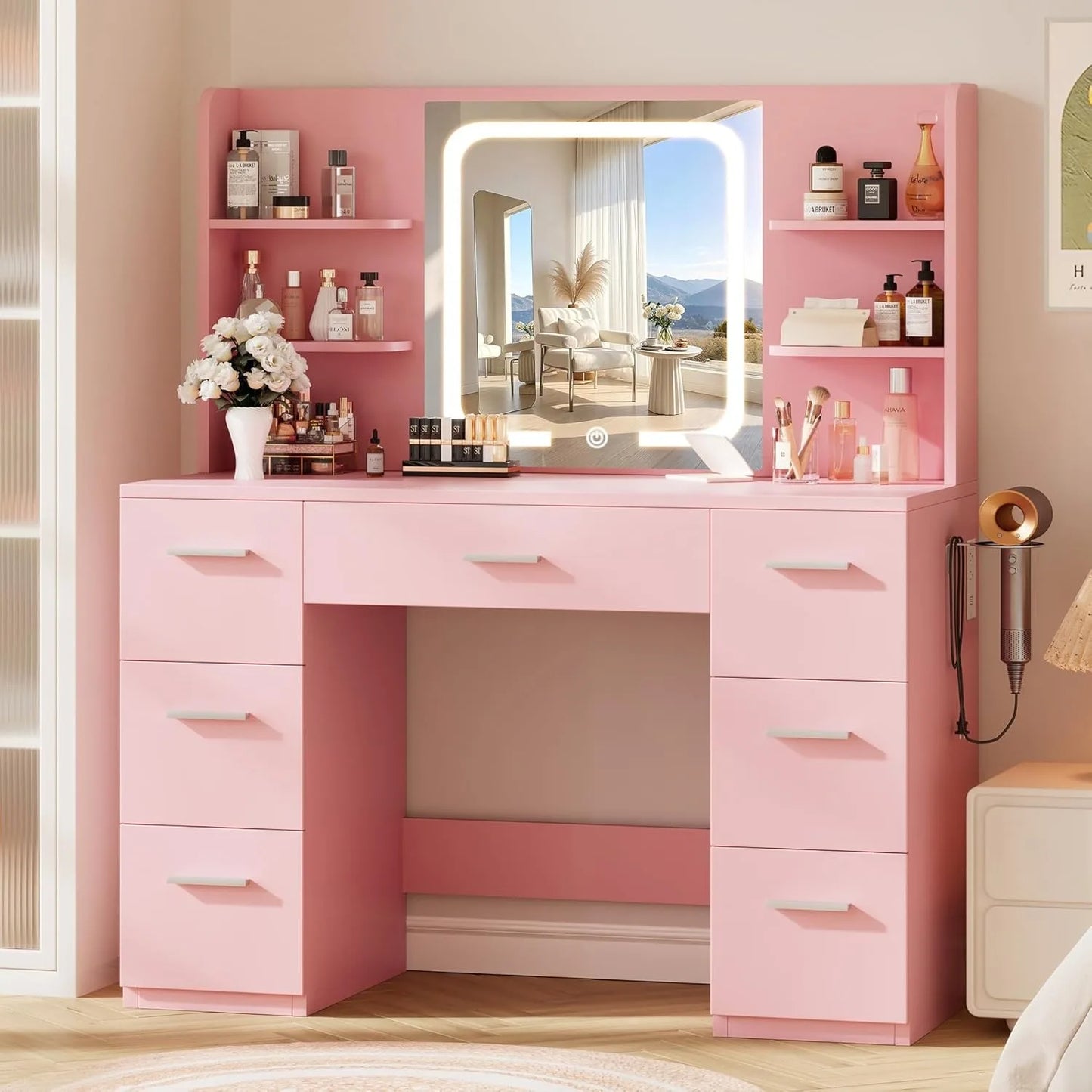 Vanity Desk. Pink, 43.3'Wx15.7'Dx53.2'H (Smart LED Mirror, 4 Open Shelves, 7 Drawers, Hairdryer Rack, Power-Outet)