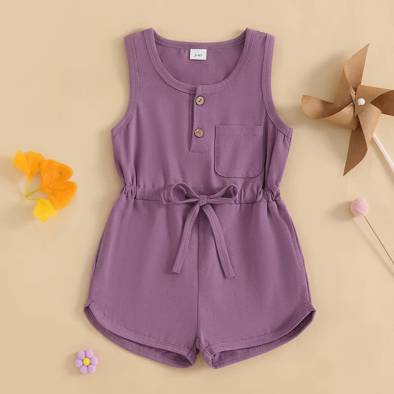 Little Girls Summer Casual Jumpsuit, Sleeveless, Crewneck, Solid Color Drawstring Tank Romper