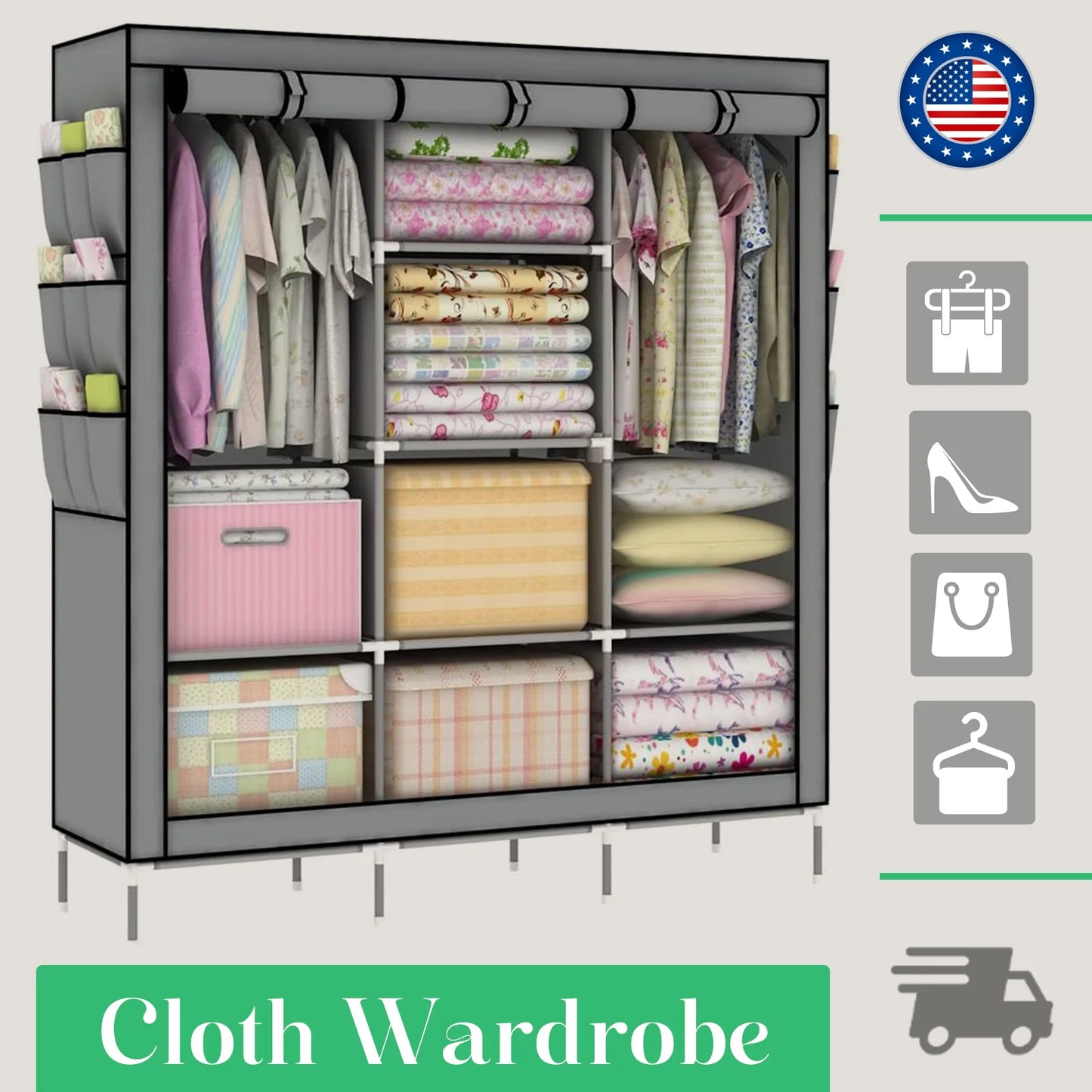 Closet Wardrobe Organizer Storage Rack, Portable, Dustproof, Non-woven Fabric Quick and Easy to Assemble