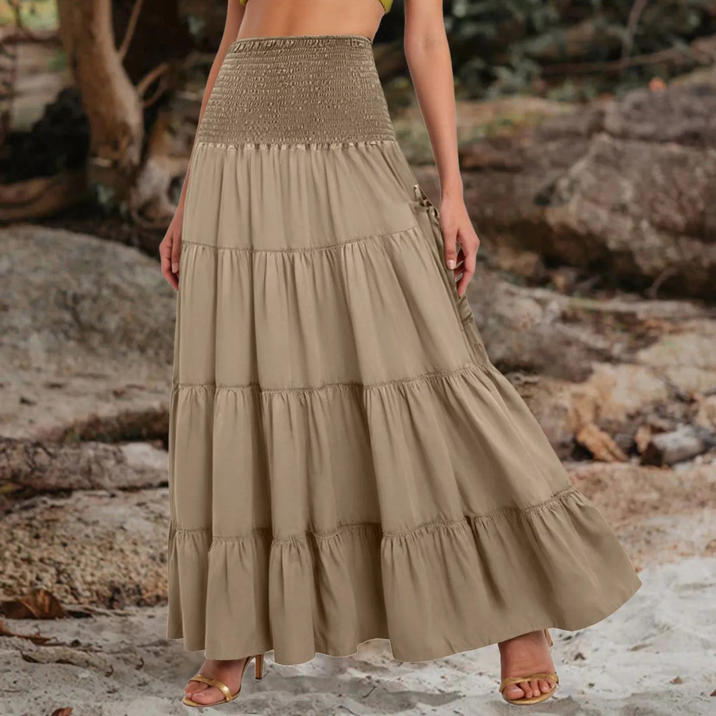 Boho Tiered A-Line Skirt, Pockets, Patchwork, Elastic Waist, Vintage Hippie/Gypsy Maxi Skirt