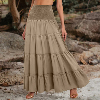 Boho Tiered A-Line Skirt, Pockets, Patchwork, Elastic Waist, Vintage Hippie/Gypsy Maxi Skirt