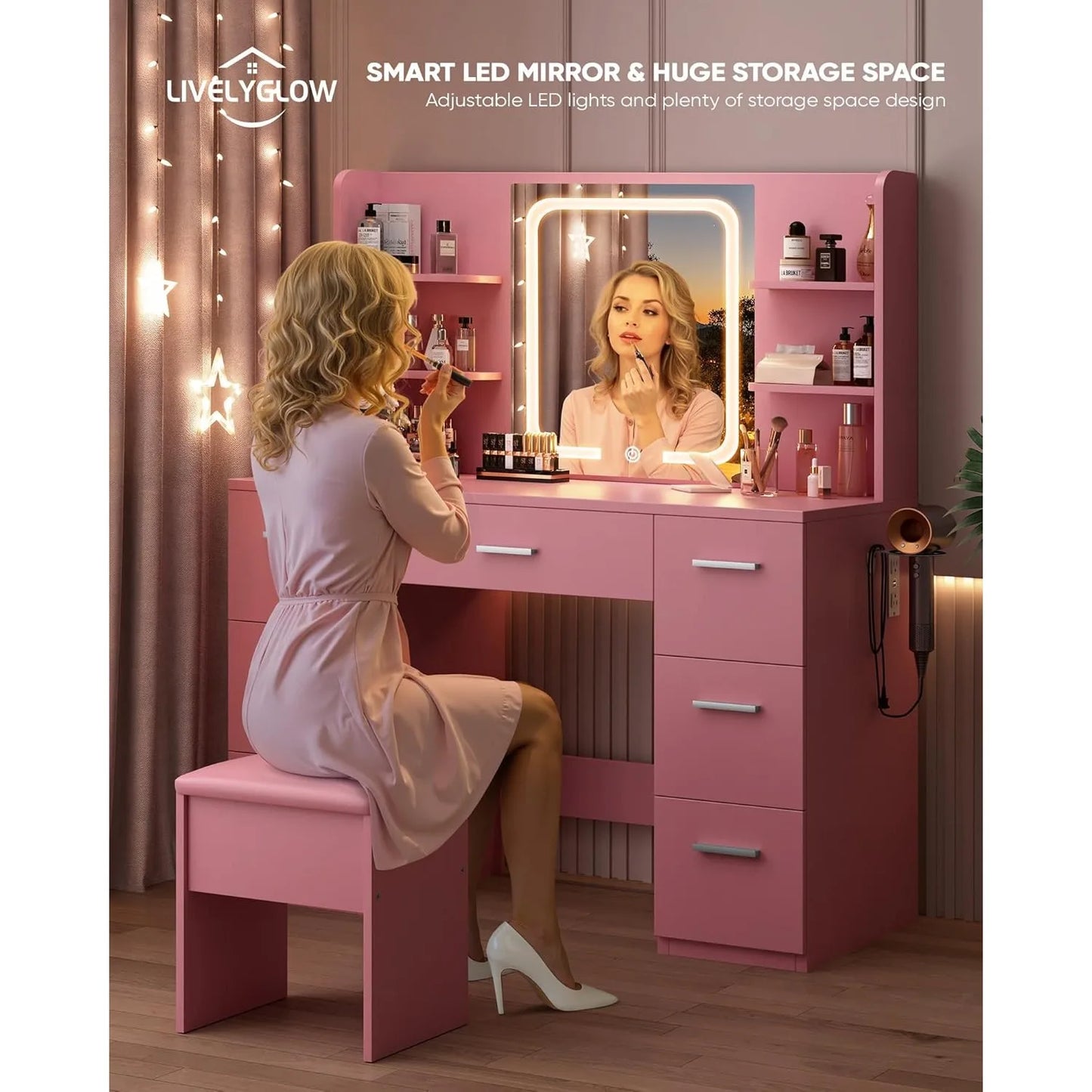 Vanity Desk. Pink, 43.3'Wx15.7'Dx53.2'H (Smart LED Mirror, 4 Open Shelves, 7 Drawers, Hairdryer Rack, Power-Outet)