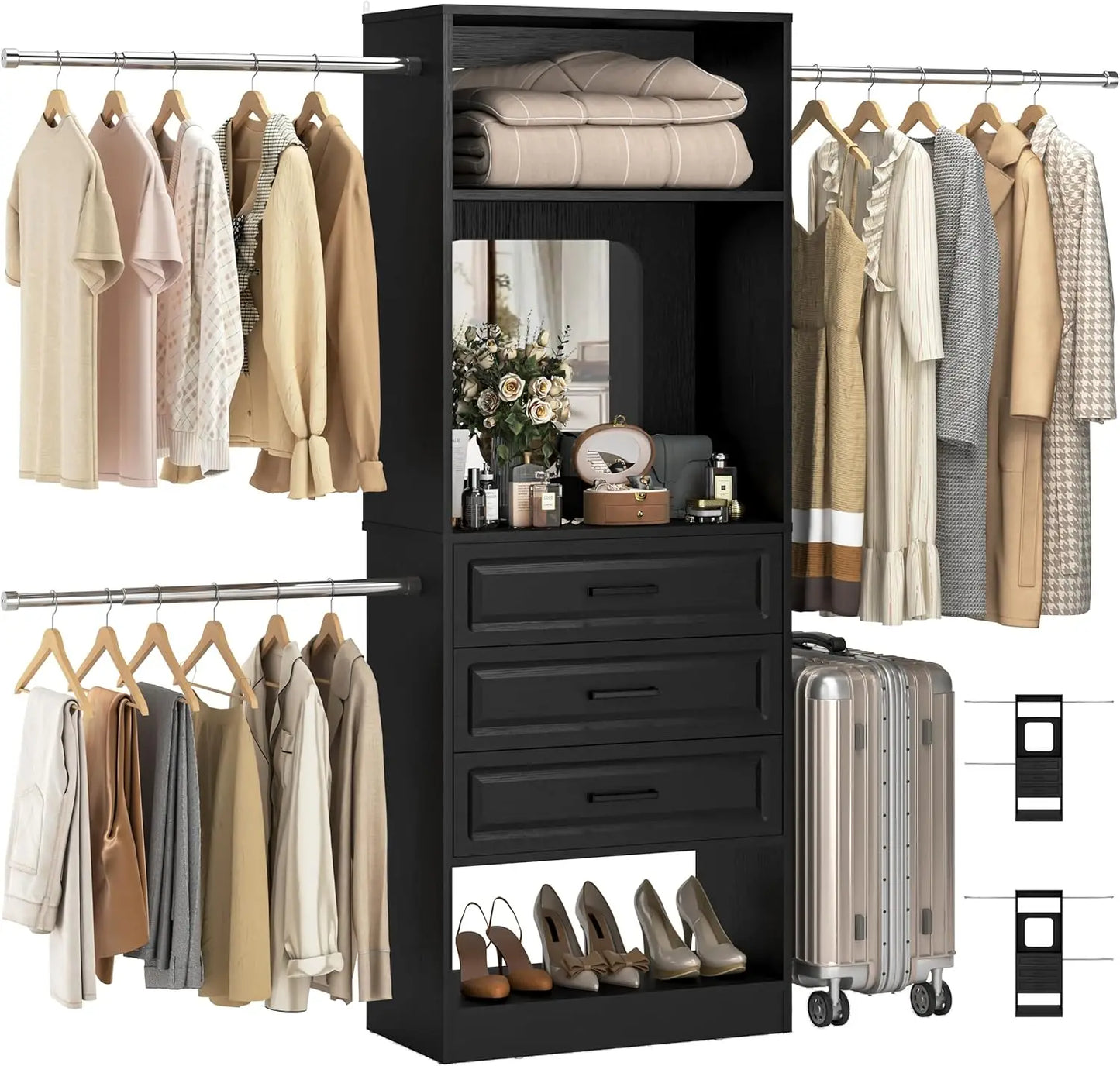 48" W - 96” W Closet System with Mirror, 8FT Walk in Closet Organizer Kits with Drawers and 3 Extendable Hanging Rod