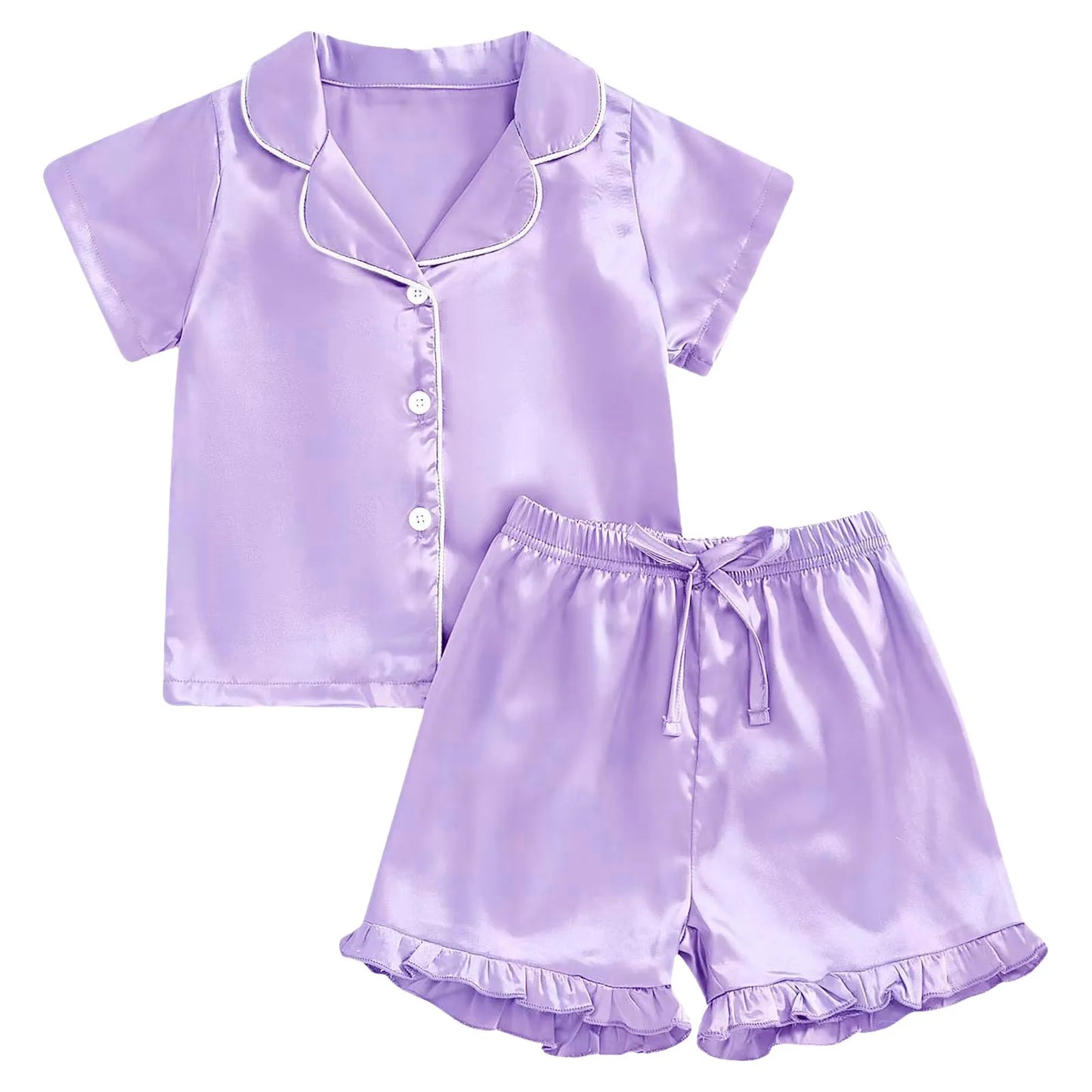 1Y-13Y Silk Pajamas Girl Satin Summer Feather Pajamas Short Sleeve