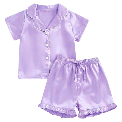 1Y-13Y Silk Pajamas Girl Satin Summer Feather Pajamas Short Sleeve