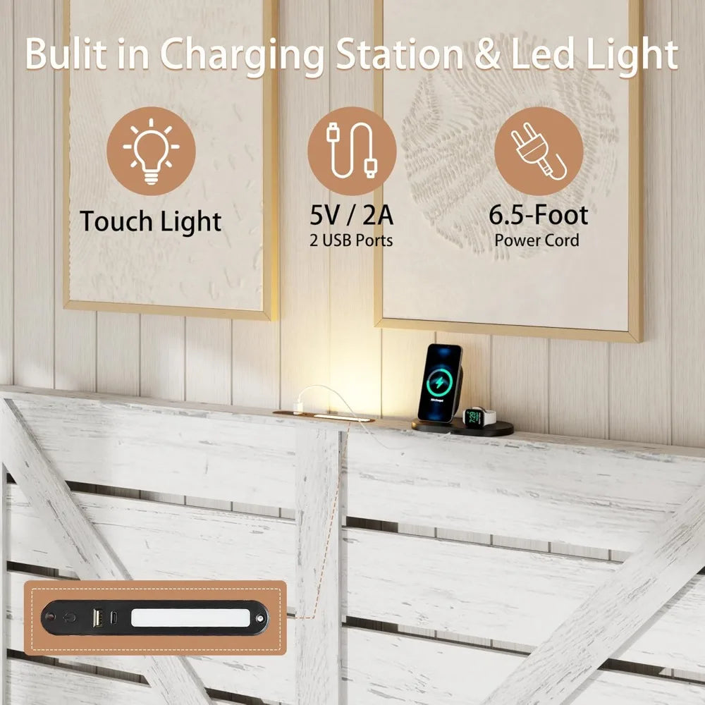 King Size Wooden Bed Frame with Headboard, Charging Station & LED Lights