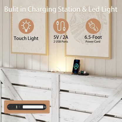 King Size Wooden Bed Frame with Headboard, Charging Station & LED Lights
