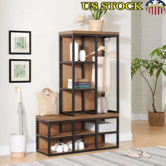 Acacia Wood Hall Tree with Bench Storage Shelves Metal Hanging Bar Entryway Organizer Modern Industrial Design