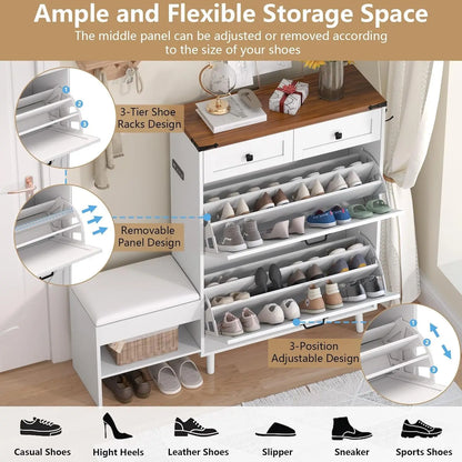 Shoe Storage Cabinet with Bench and Deodorizing Function with 2 Flip Drawers