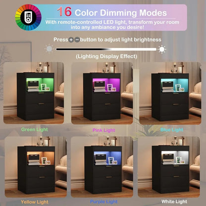 LED  Side stand with Charging Station, with 2 Pull-out drawers and Pull-out Shelf