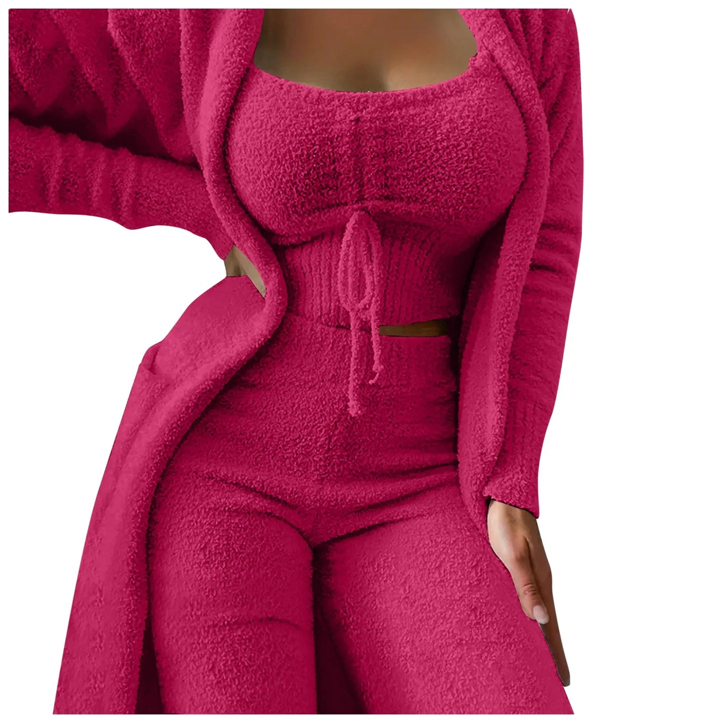 Women'S Fleece 3 Pc Loungewear, Spaghetti Strap Crop Tank, Wide Long Pants, Fuzzy Kimono ,