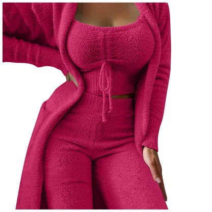 Women'S Fleece 3 Pc Loungewear, Spaghetti Strap Crop Tank, Wide Long Pants, Fuzzy Kimono ,