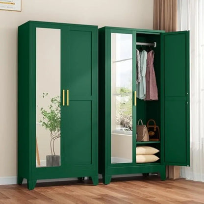 71"Metal Armoire Wardrobe w/2 Mirror Door, with Adjustable Shelves and Hanging Rod