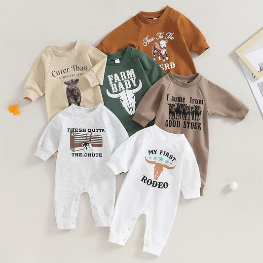 0-12M Newborn Baby Boy Sweatshirt Rompers-Bull Head Letter Print, Long Sleeve Jumpsuit