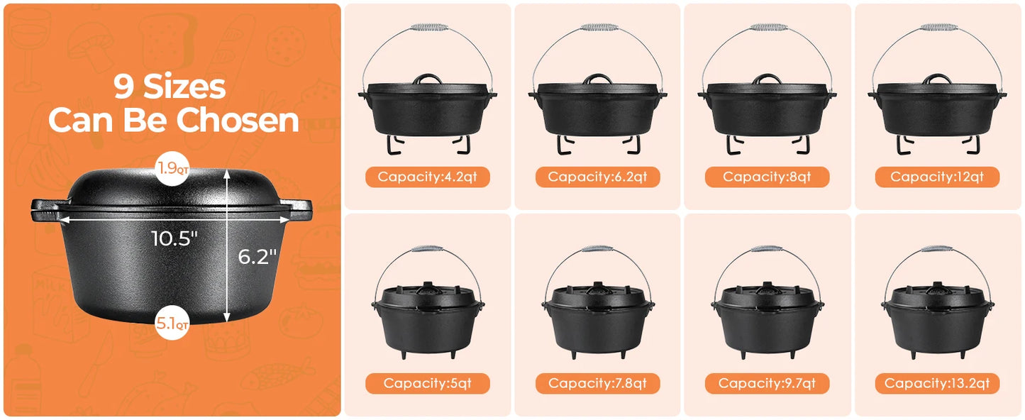 Pre-Seasoned Cast Iron Double Dutch Oven With Loop Handles, 5.1 Quart Pot
