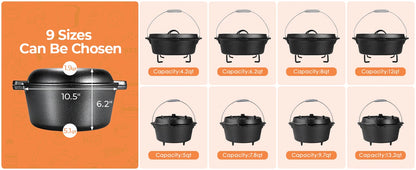 Pre-Seasoned Cast Iron Double Dutch Oven With Loop Handles, 5.1 Quart Pot
