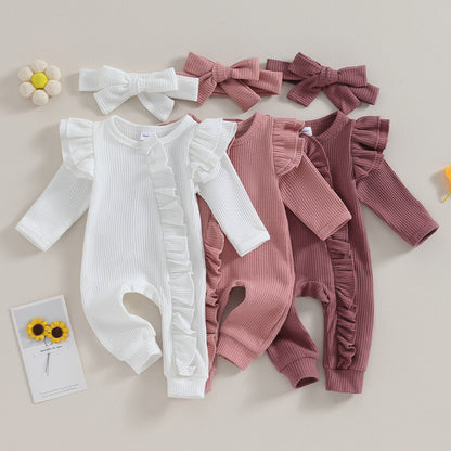 0-12M Baby Girl Ruffle Zipper Romper, Long Sleeve Jumpsuit