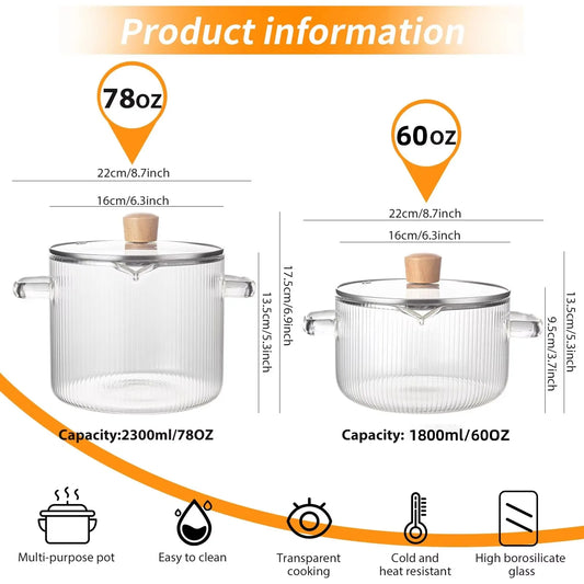2 Pcs Clear for Cooking Simmer Heat Resistant Clear 1.8 & 2.3L Saucepan with Cover Handle