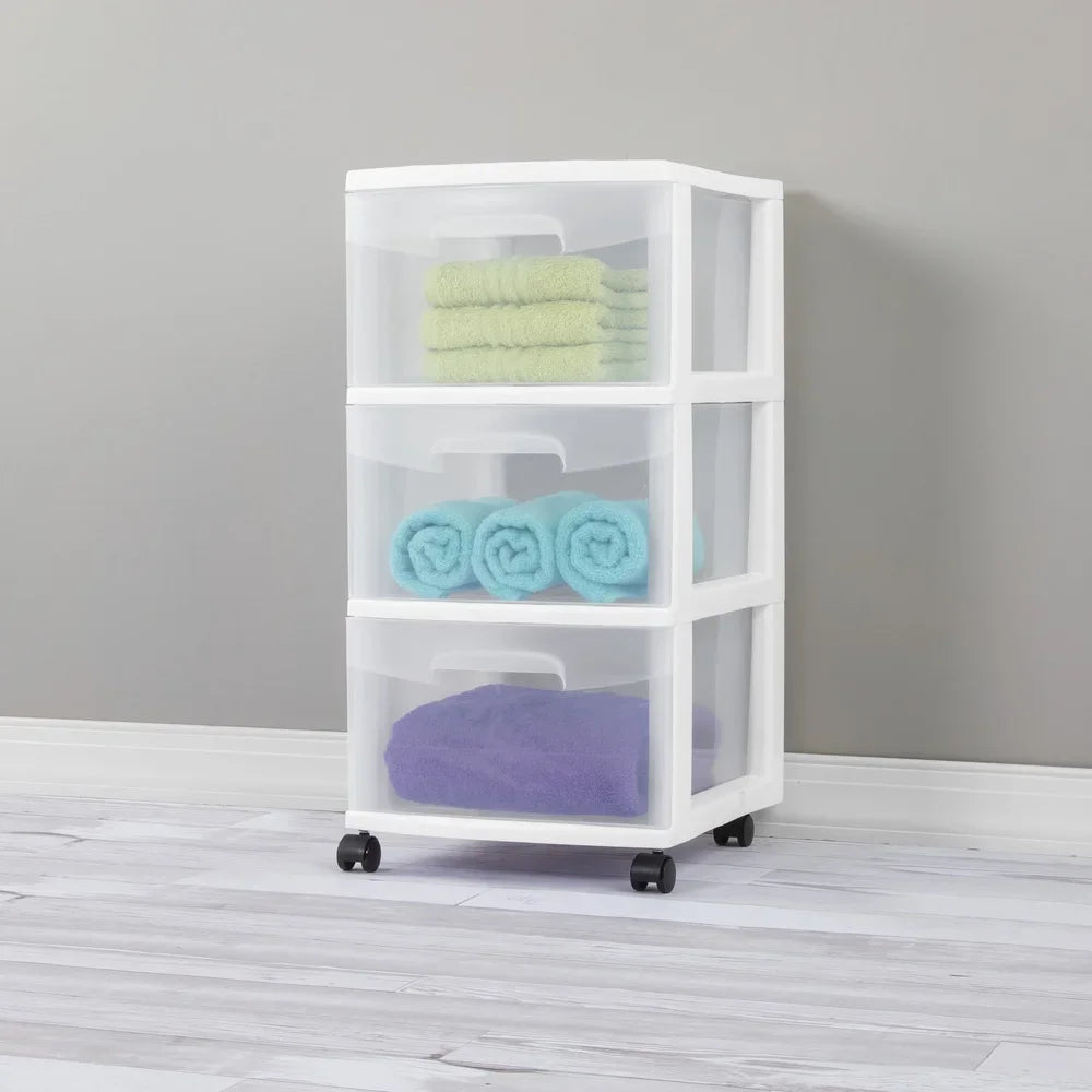 3 Drawer Plastic Storage Cart Rolling Organizer Multi-purpose Clear Bins