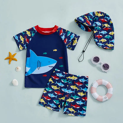 3Pcs, 0MO-4Y Boy Swimsuit Set, Shark Print Short Sleeve, Rash Guard Swim Top, Short, Sun Hat,