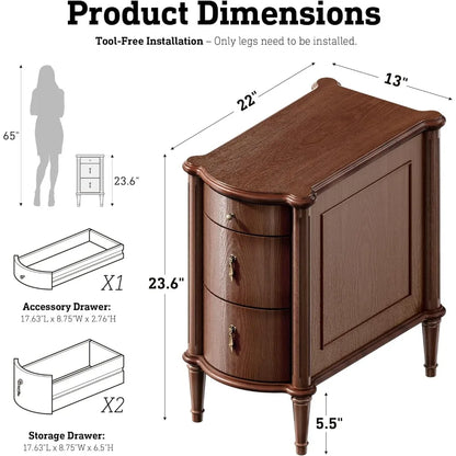 Set of 2 Nightstands w/Charging Station & 3 Drawers,Rustic Wood Finish, and Turned Legs