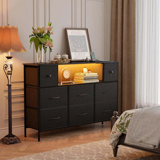 Black 55" TV Stand with 8 Drawers, Fabric Chest of Drawers, Power Outlets and LED Lights