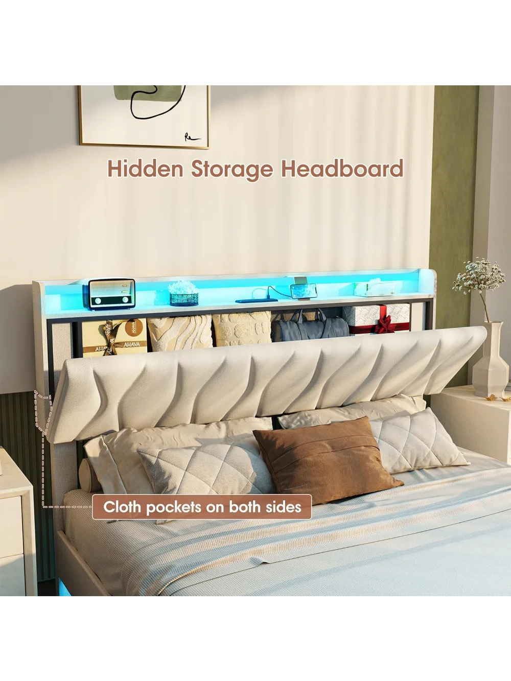 Queen Size Floating Bed Frame with Storage Headboard,  with LED Lights, Charging Station