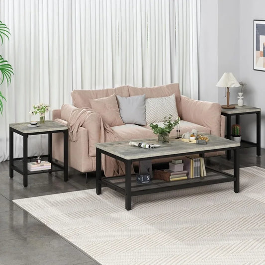 Industrial Coffee Table with 2 Square End Side Tables